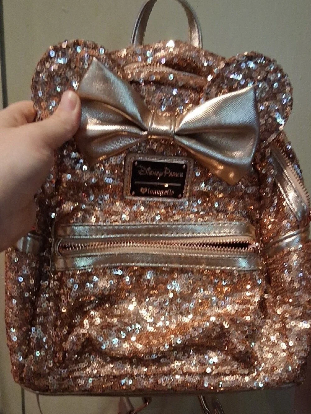 Disney Rose Gold Sequin Mini Backpack with Metallic Bow